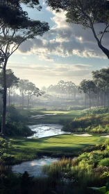 Sunlit golf fairway winds through misty forest wetlands