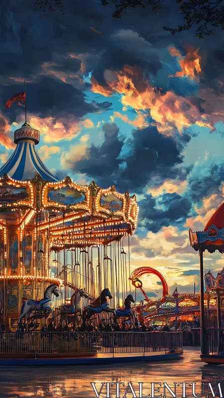 Carousel and amusement rides under vivid evening sky.