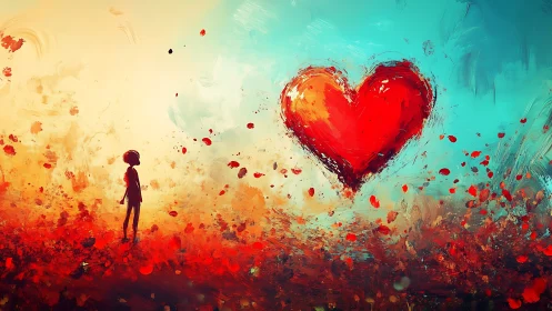 Silhouetted figure observing large red heart form suspended in atmospheric gradient