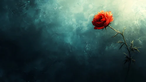Single red rose against textured teal abstract field.