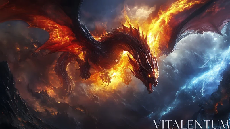 Fierce fire dragon soars through stormy sky in blazing power