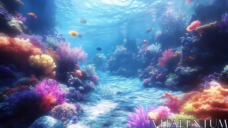Digital painting of sunlit coral reef corridor with vivid fauna.