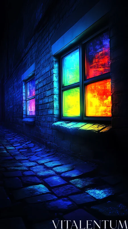Neon spectrum windows on wet cobblestone alley at night