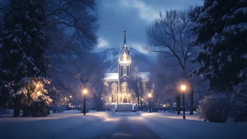 Winter-lit cathedral glows like a lantern in the snowbound night.