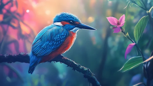 Vibrant blue kingfisher on branch in dreamy, colorful forest scene.