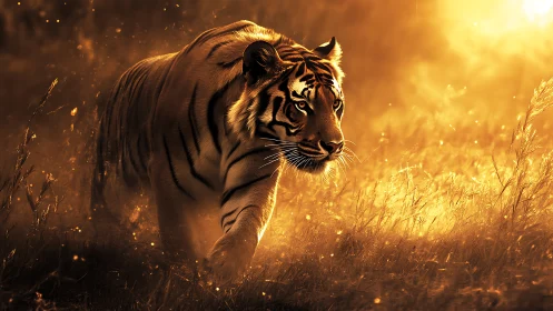Sunlit tiger striding through glowing golden grassland dusk.