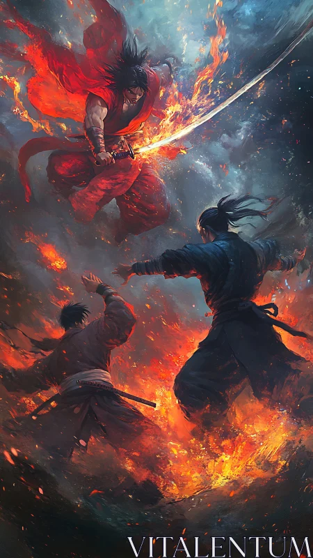 Blazing samurai warrior leaps into a storm of fire and steel