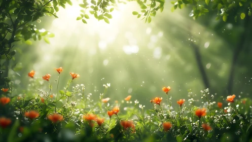 Luminous meadow vignette with backlit wildflowers in bloom.
