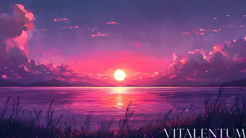 Digital seascape with sun over horizon and coastal grassland.