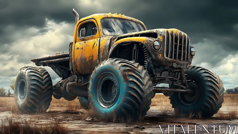 Rustic yellow monster truck on muddy wasteland under storm.