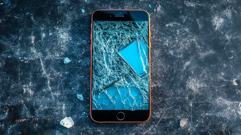 Smartphone with shattered screen on textured dark surface.