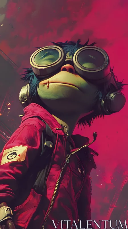 Goggled simian drifter surveys neon skyline in crimson haze