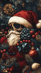 Santa skull wrapped in dark festive pine and ornaments.
