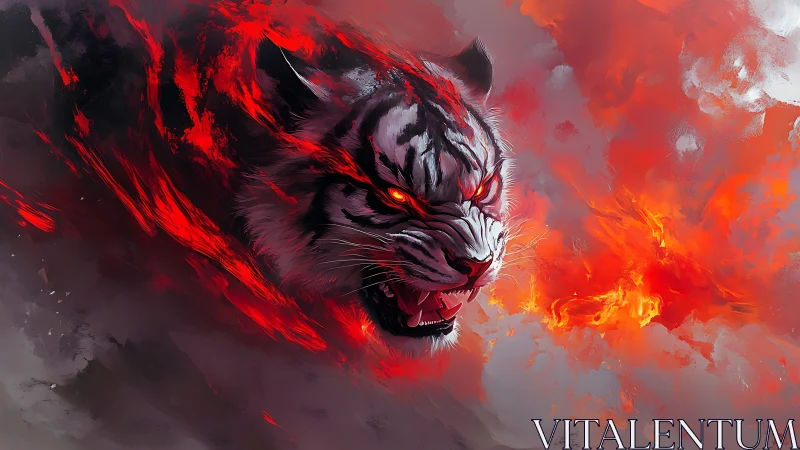 Flaming white tiger head emerges through abstract inferno haze