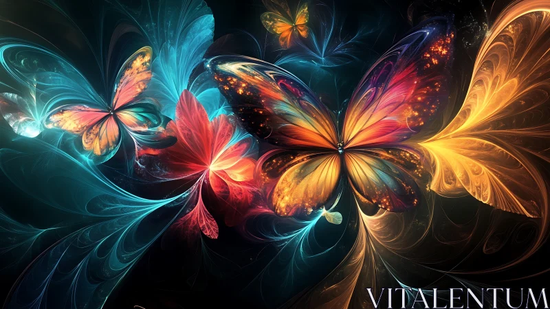 Fractal light butterflies radiate vivid color across darkness