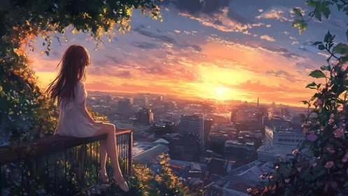 Girl in white dress quietly watches a glowing city sunset