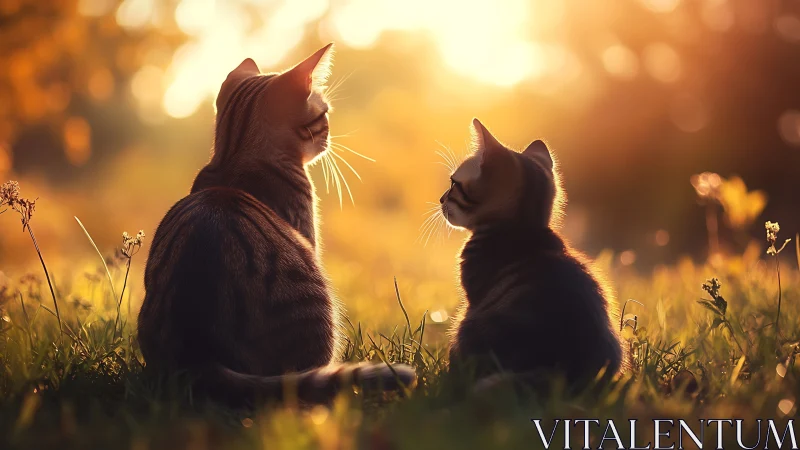 Two cats silhouetted against golden sunset light.
