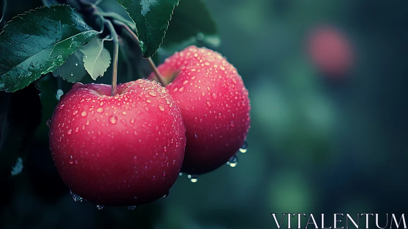 Dew-kissed red apples in cool-toned orchard macro study.