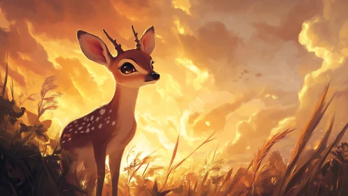 Young deer stands in backlit field under dense sunset clouds