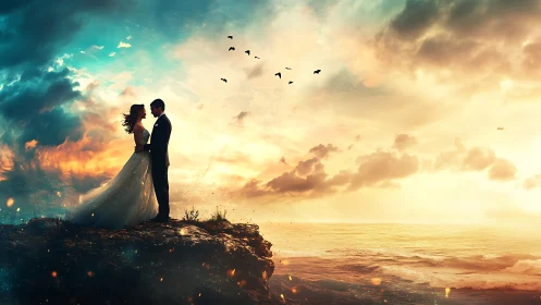 Bride and groom standing on coastal cliff at sunset horizon.