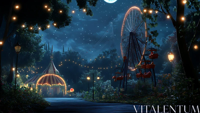 Moonlit ferris wheel glows above quiet forest carnival