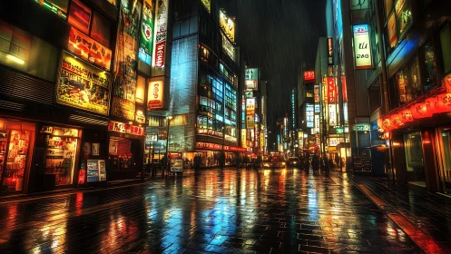 Neon city street reflects vivid color on glossy wet pavement.