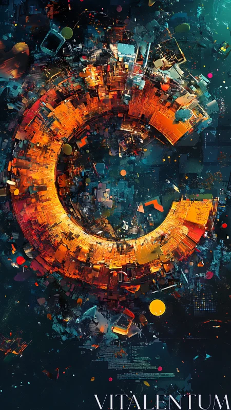 Glowing cyber ring of fragmented circuitry in deep space.