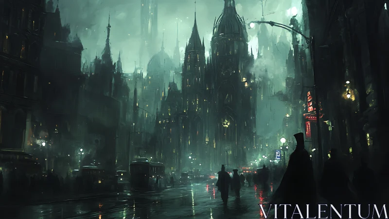 Gothic spires inhale neon fog above a haunted rainlit avenue