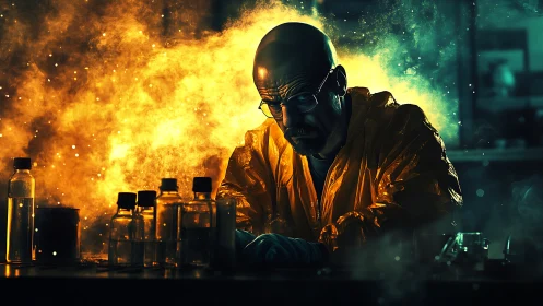 Bald chemist in hazmat suit works at bench amid bright fumes