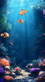 Playful clownfish family gliding through a glowing reef.
