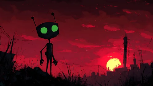 Neon-eyed dusk robot watching a burning crimson skyline.