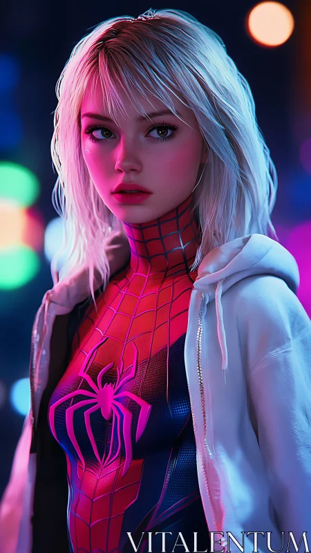 Neon city heroine gazes forward in vibrant spider suit