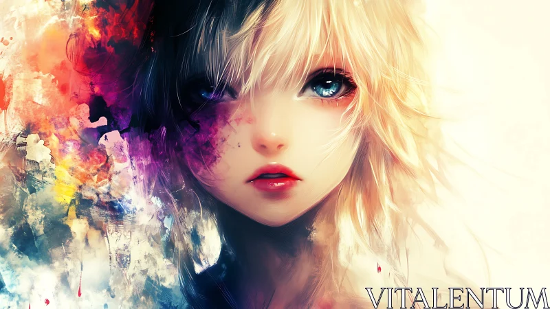 High-contrast anime portrait merges soft lighting with chaotic brushwork