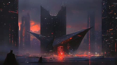 Nocturnal vigil over neo-gothic blade fortress skyline.