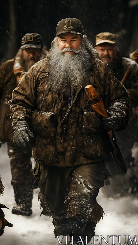 Bearded outdoorsman walking in snow with group behind him.