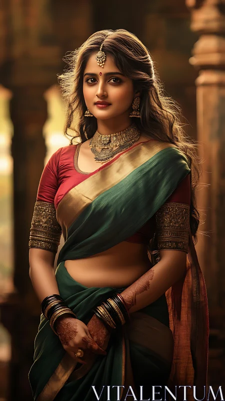 Elegant woman in traditional saree poses in warm palace light.