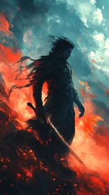 Dark armored warrior stands in swirling fire and smoke.