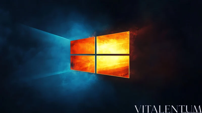 Windows Logo With Fiery Luminescence Against Dark Blue Environment.