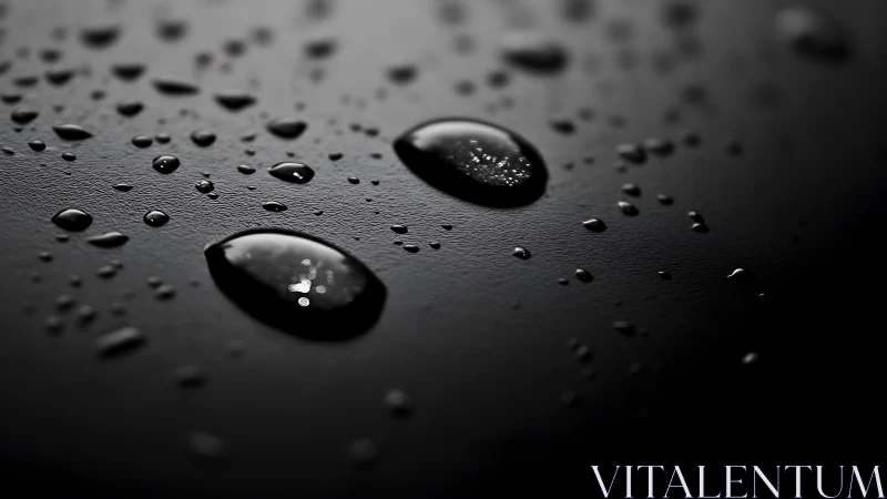 Close-up water droplets on dark smooth surface in macro.