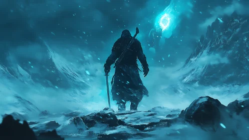 Lone warrior confronts glowing orb above frozen mountain pass