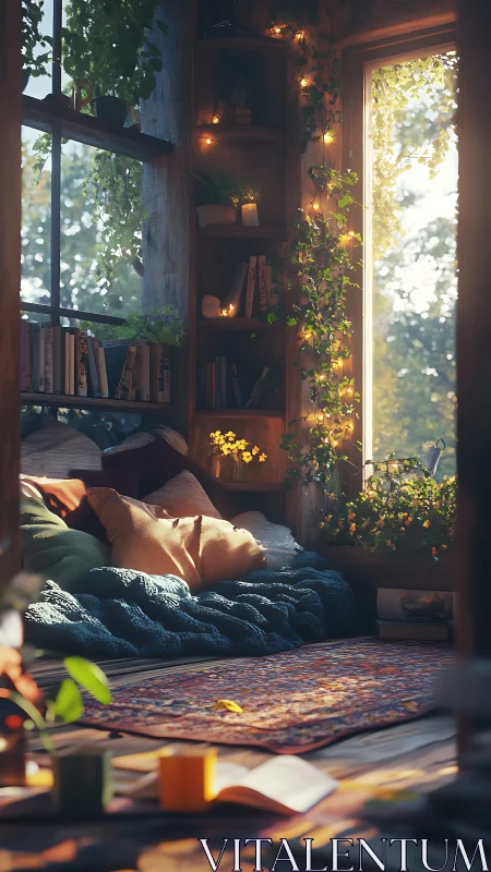Sunlit reading nook wrapped in plants, cushions, and calm.