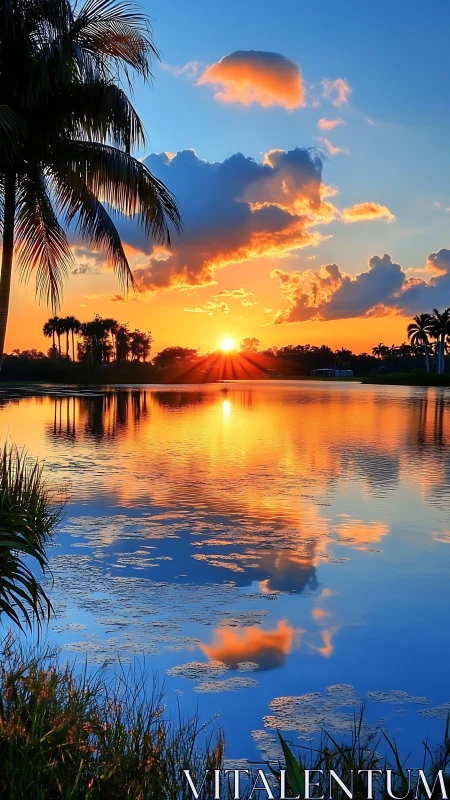 Tropical lake sunset reflects blazing golden cloudscape.