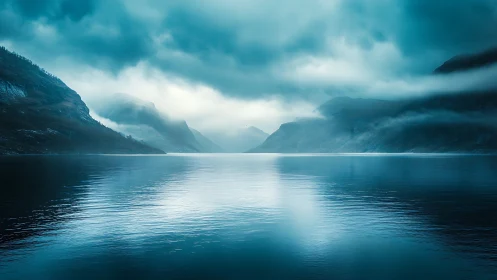 Low-contrast glacial fjord under stratified mist with mirrored water