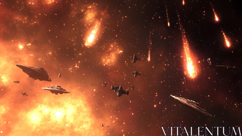 Stellar armada under meteor barrage in fiery nebula field.