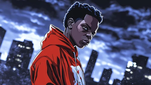 Teen boy in red hoodie stands before night city skyline