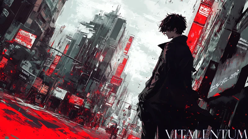 Lone drifter surveys neon city in red storm haze.