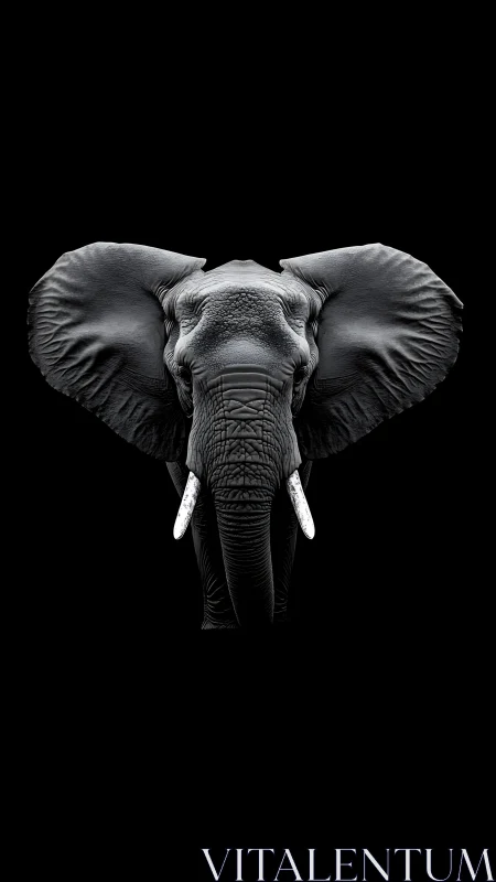 Monochrome elephant portrait with frontal tusked profile.
