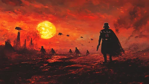 Sith warlord strides across molten battlefield at sunset