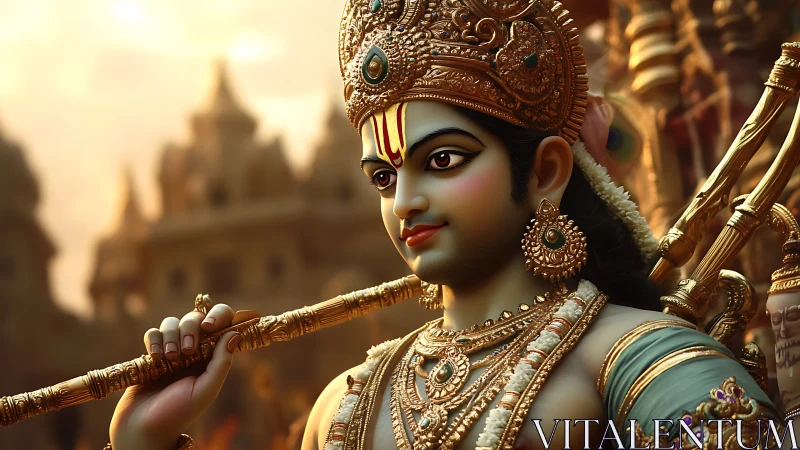 Ornate warrior prince gazes calmly through molten sunset gold