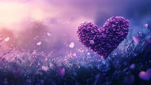 Heart-shaped flower topiary blooms against ethereal purple gradient field.